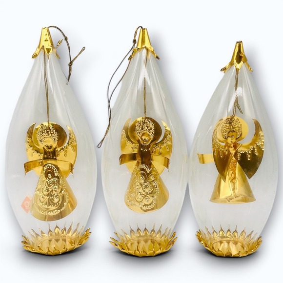 Other - Lenz Hand Blown Glass Angel Christmas Ornaments Set of 3 Gold Tone 6.5" Spinner